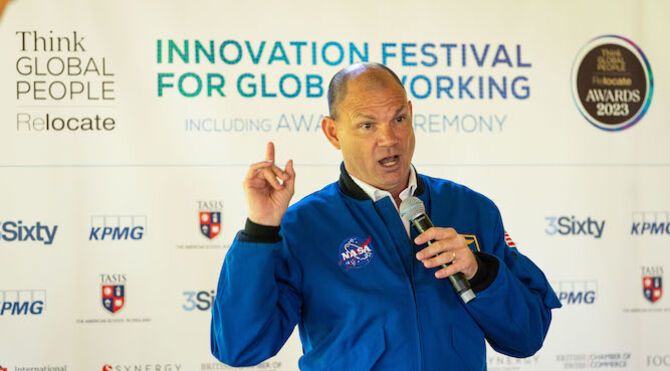 NASA astronaut Tony Antonelli speaking at Relocate Global Think Global People Innovation Festival for Global Working