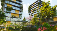 A sustainable green office or housing complex as seen from a living roof