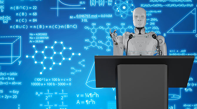 3d rendering robotic lecturer teaching on podium with display monitor