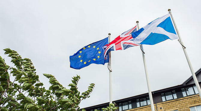 Union Jack, Scottish flag and EU flag