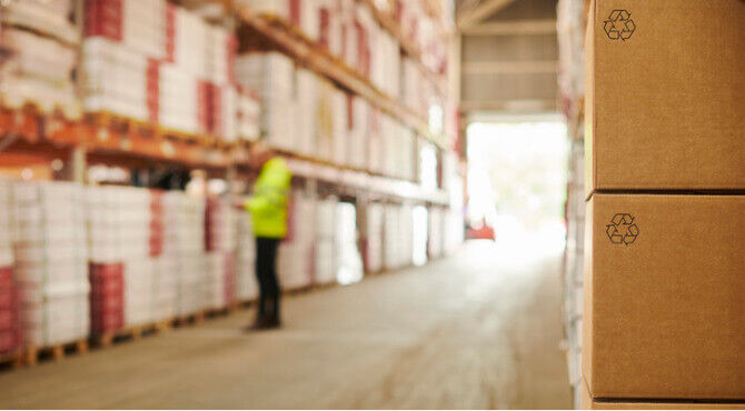 Image of warehouse with one person and recyclable packaging